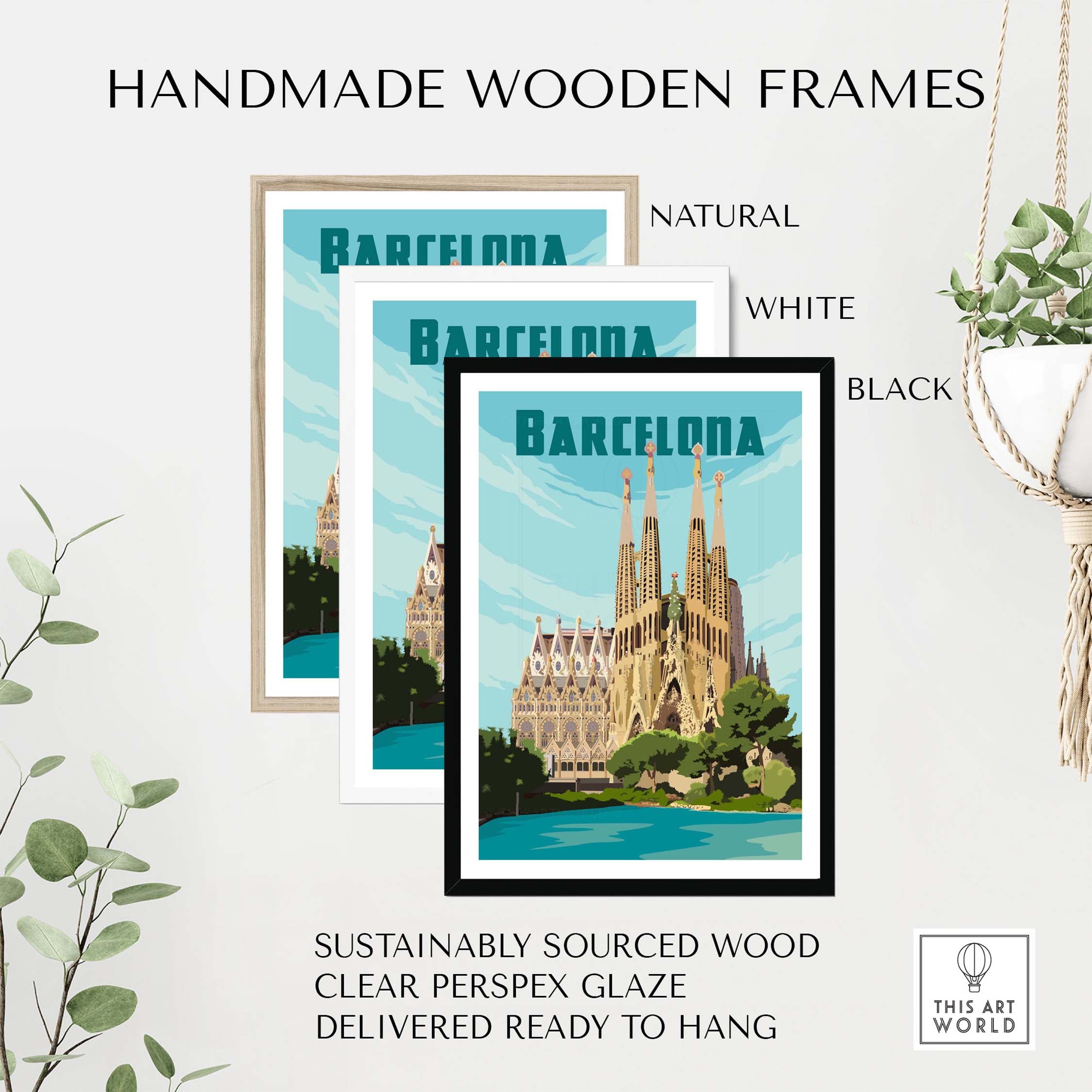 Handmade wooden frames in natural, white, and black for Barcelona print poster, sustainably sourced and ready to hang.