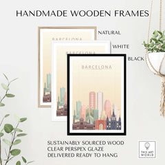 Handmade wooden frames for Barcelona Skyline print in natural, white, and black, sustainably sourced and ready to hang.