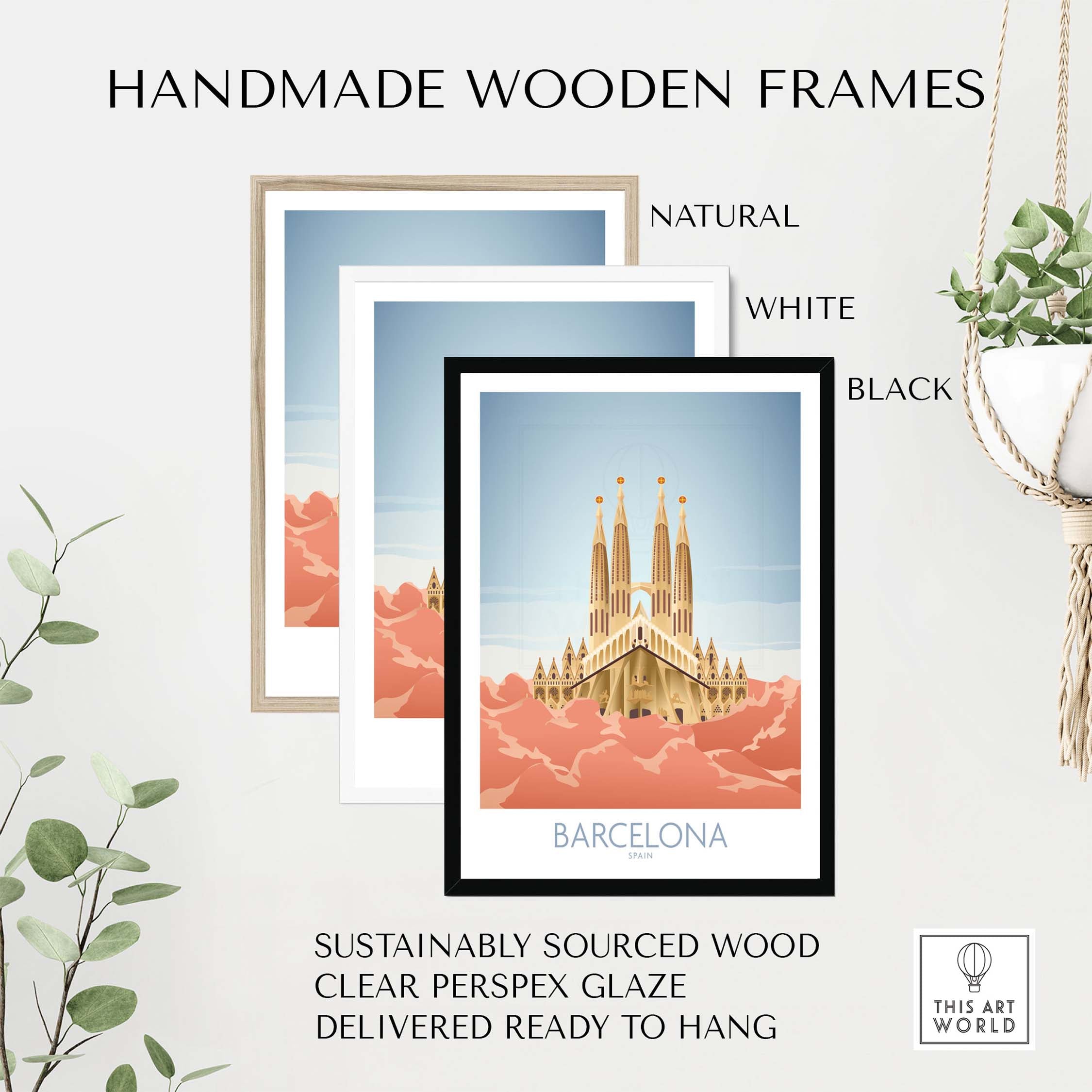 Handmade wooden frames for Barcelona wall art print in natural, white, and black finishes, sustainably sourced and ready to hang.