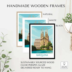 Handmade wooden frames in natural, white, and black for Barcelona poster with Sagrada Familia artwork.