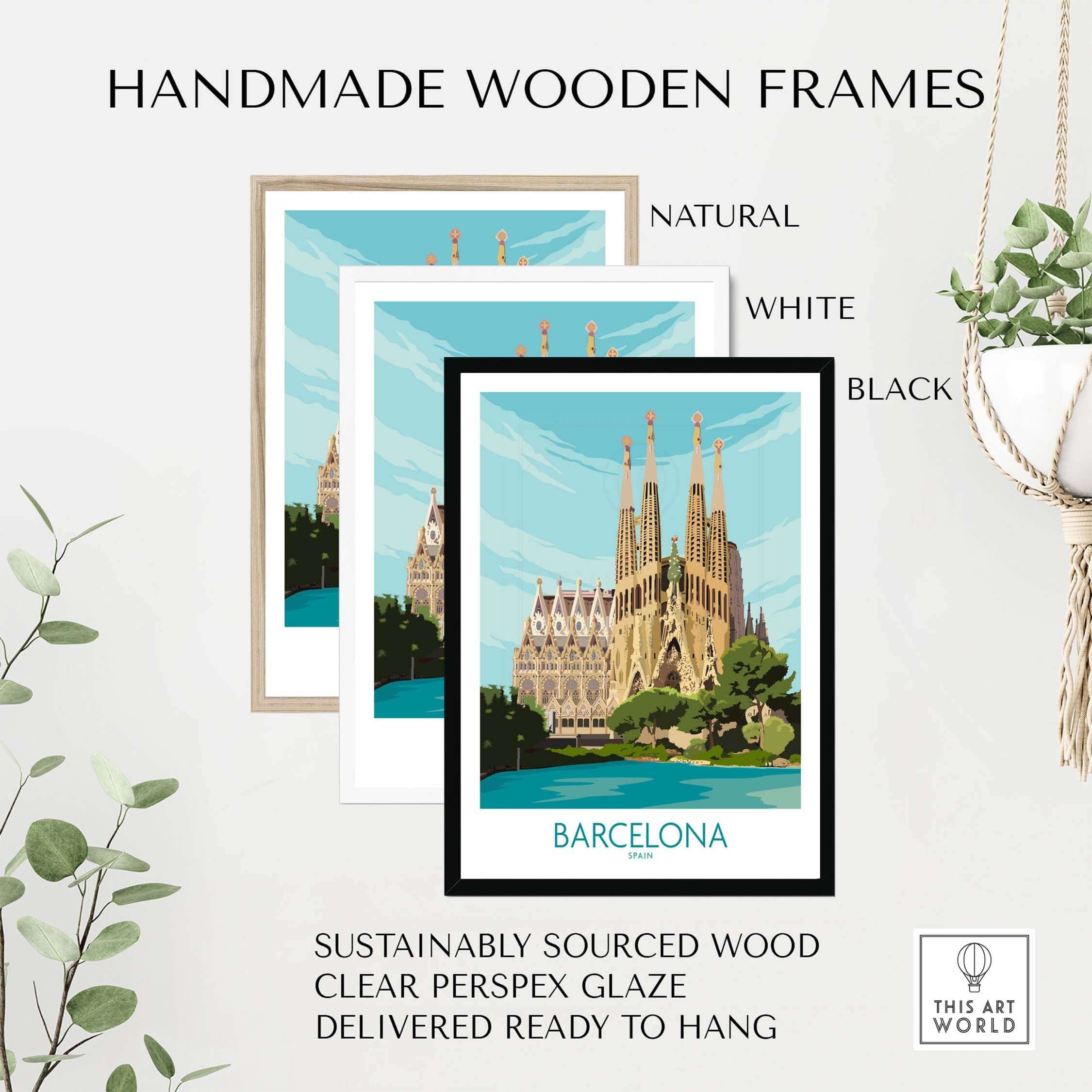 Handmade wooden frames in natural, white, and black for Barcelona poster with Sagrada Familia artwork.