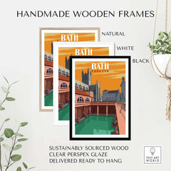 Bath England print wall art in handmade wooden frames, showcasing natural, white, and black options.