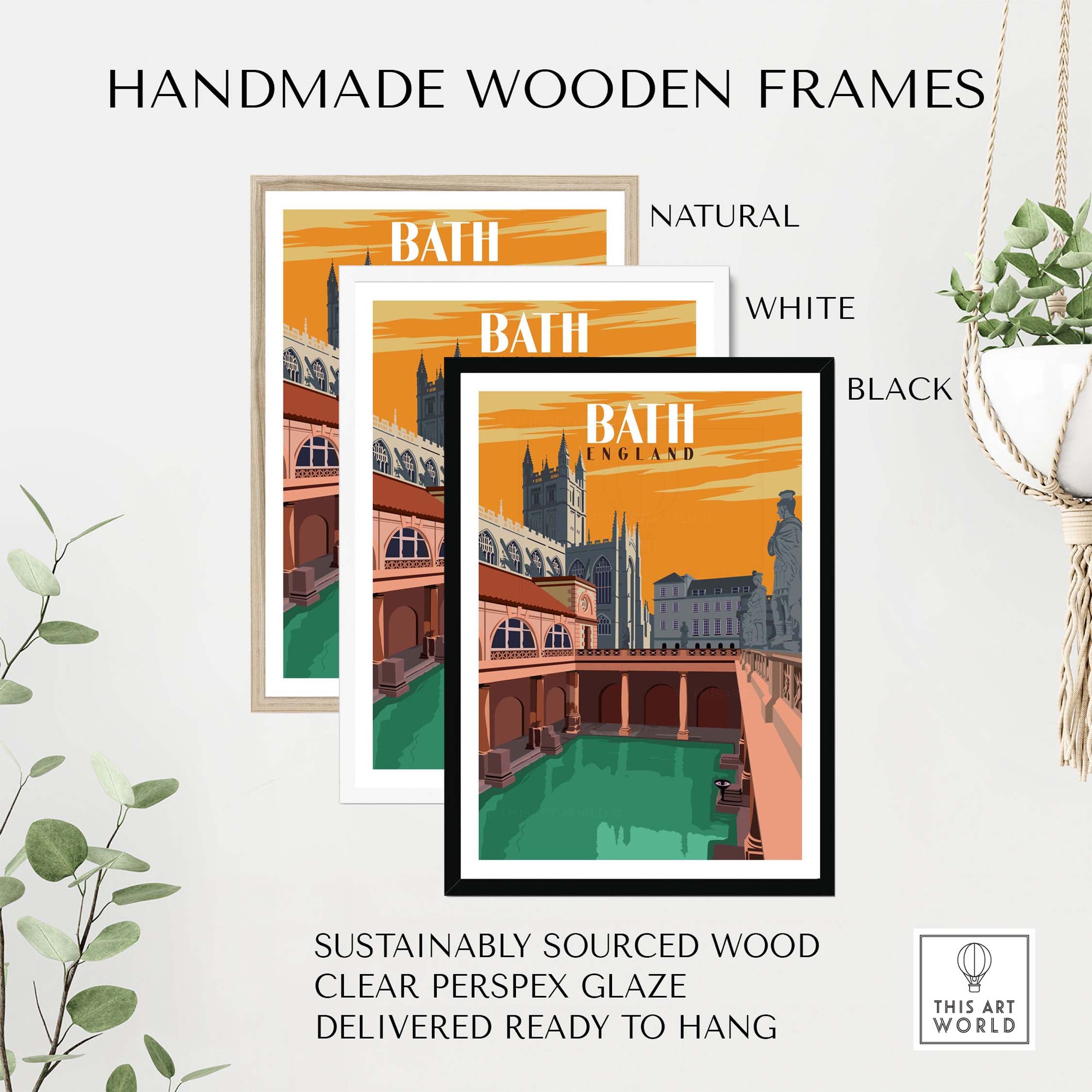 Bath England print wall art in handmade wooden frames, showcasing natural, white, and black options.