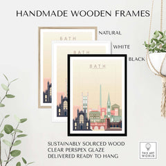 Three handmade wooden frames in natural, white, and black for Bath England Skyline Poster, made from sustainably sourced wood.