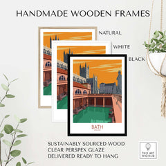 Set of handmade wooden frames in natural, white, and black for Bath poster artwork, sustainably sourced and ready to hang.