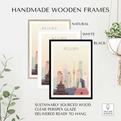 Handmade wooden frames for Beijing skyline wall art in natural, white, and black finishes, sustainably sourced and ready to hang.