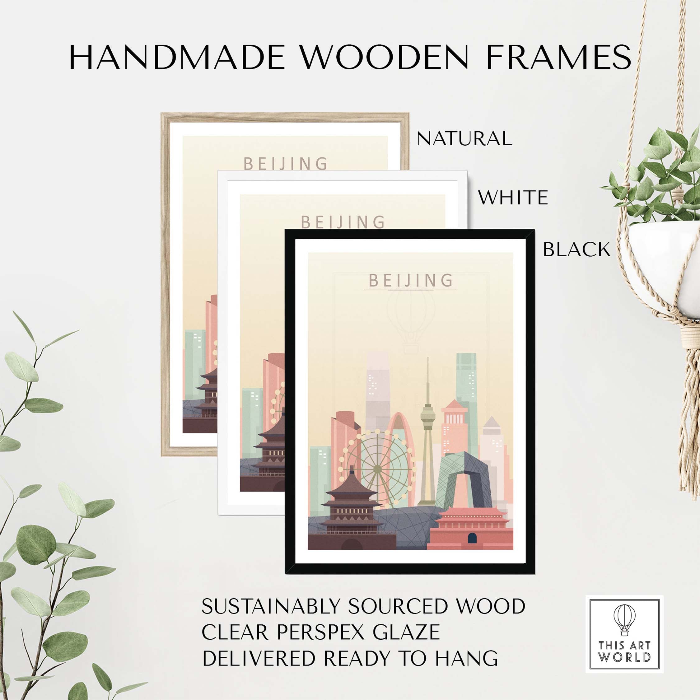 Handmade wooden frames for Beijing skyline wall art in natural, white, and black finishes, sustainably sourced and ready to hang.