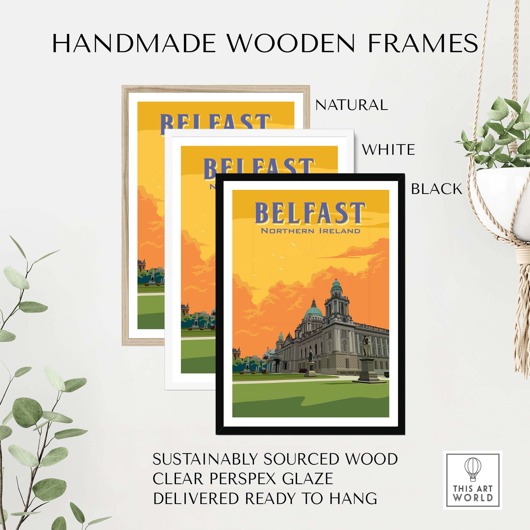 Handmade wooden frames for Belfast Print, available in natural, white, and black options, sustainably sourced and ready to hang.