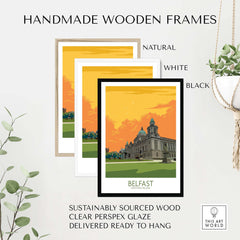 Belfast Poster displayed in handmade wooden frames: natural, white, and black options. Sustainably sourced and ready to hang.
