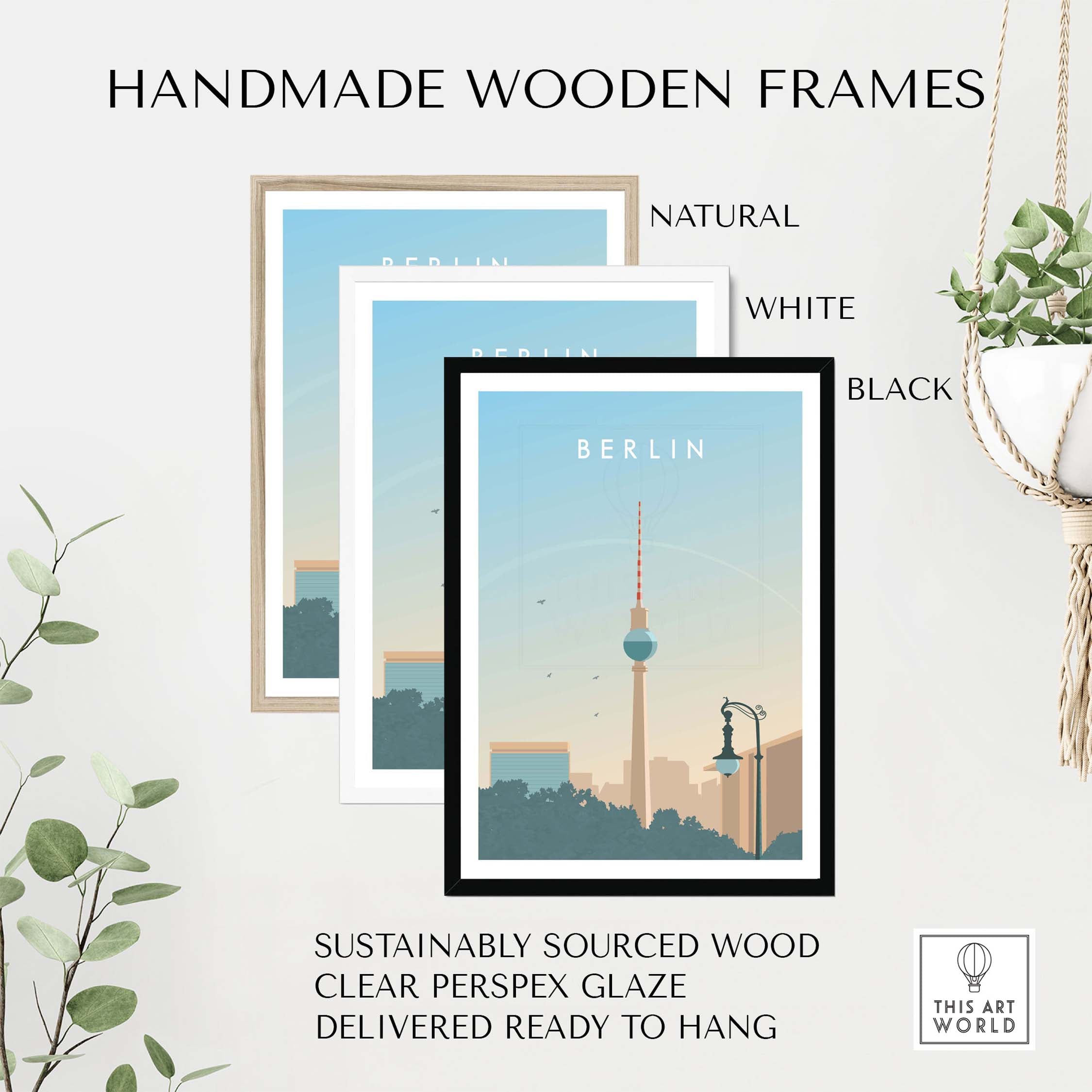 Handmade wooden frames for Berlin Print Wall Art, available in natural, white, and black finishes, sustainably sourced wood.
