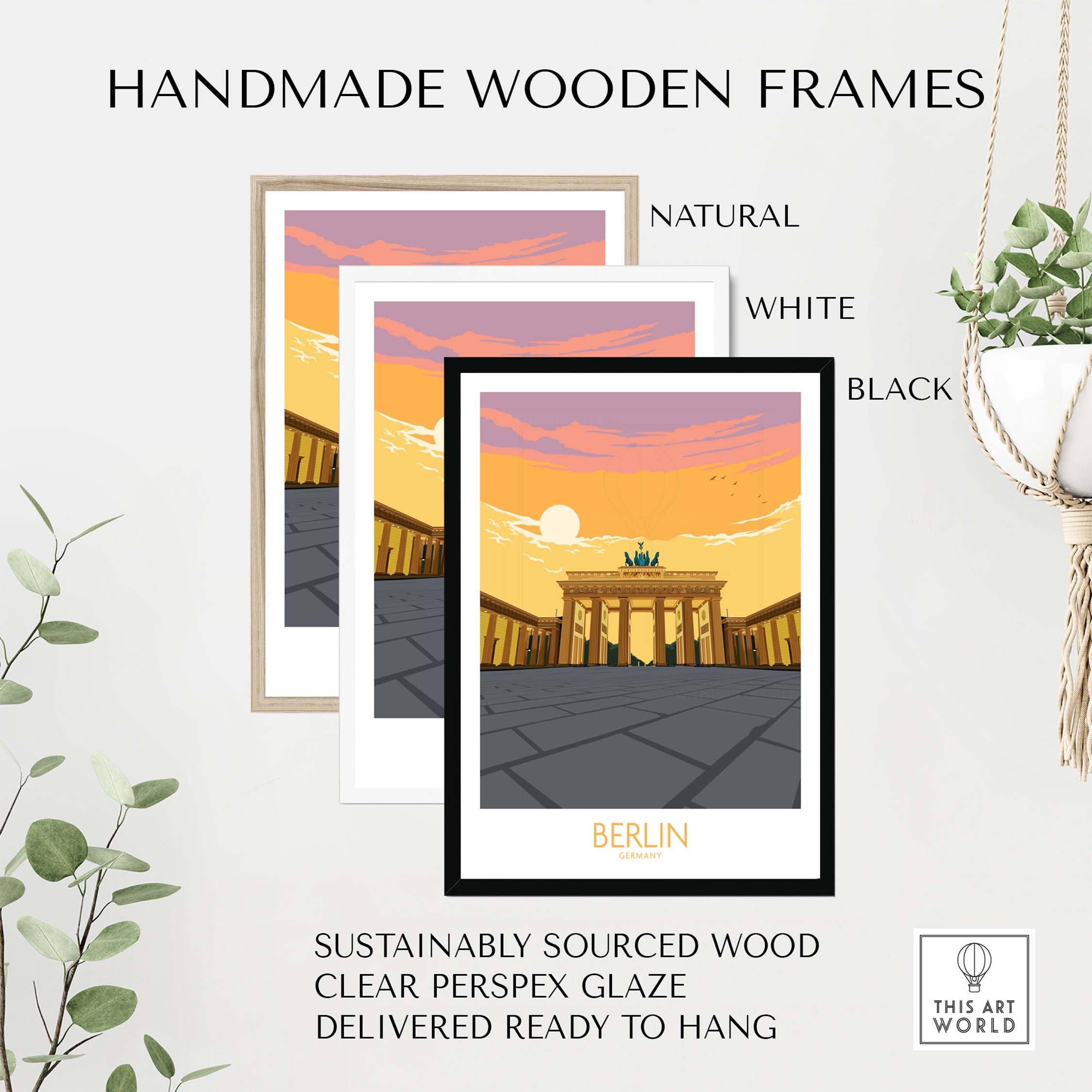 Handmade wooden frames in natural, white, and black for Berlin travel poster art prints from This Art World.