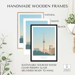 Handmade wooden frames for Berlin poster print in natural, white, and black colors, made from sustainably sourced wood.