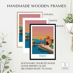 Handmade wooden frames for Bilbao poster print in natural, white, and black options, featuring sustainable materials.
