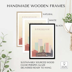 Handmade wooden frames for Birmingham Skyline Print in natural, white, and black finishes, sustainably sourced and ready to hang.