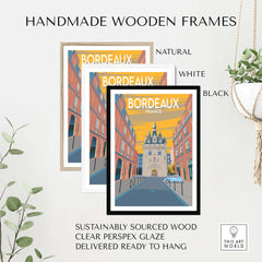 Handmade wooden frames in natural, white, and black for Bordeaux Poster Print, sustainably sourced and ready to hang.