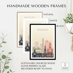 Handmade wooden frames in natural, white, and black for Bradford Print City Skyline Poster, made from sustainably sourced wood.