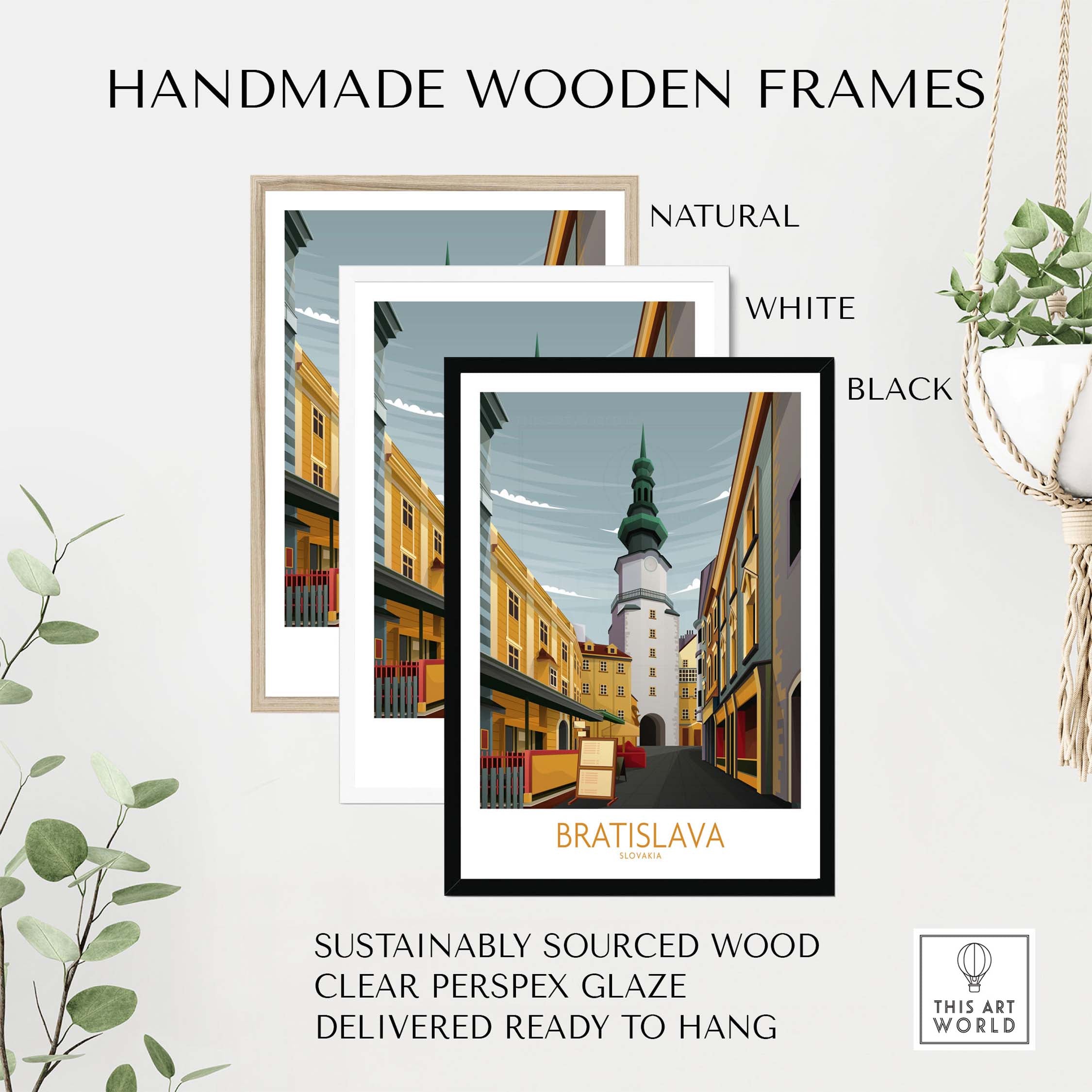 Handmade wooden frames in natural, white, and black colors for Bratislava art print, sustainably sourced wood.