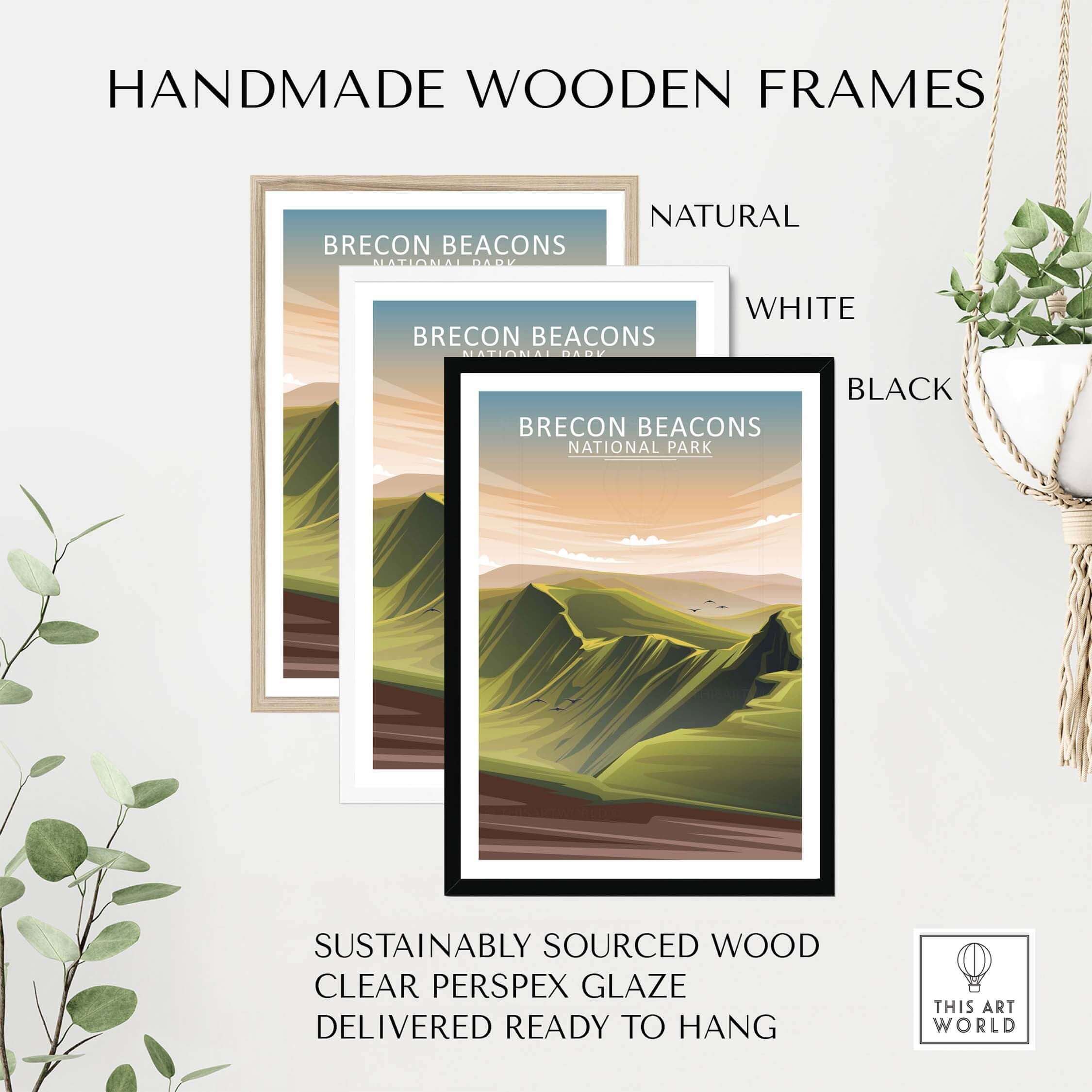 Brecon Beacons Poster framed in natural, white, and black handmade wooden frames with clear Perspex glaze.