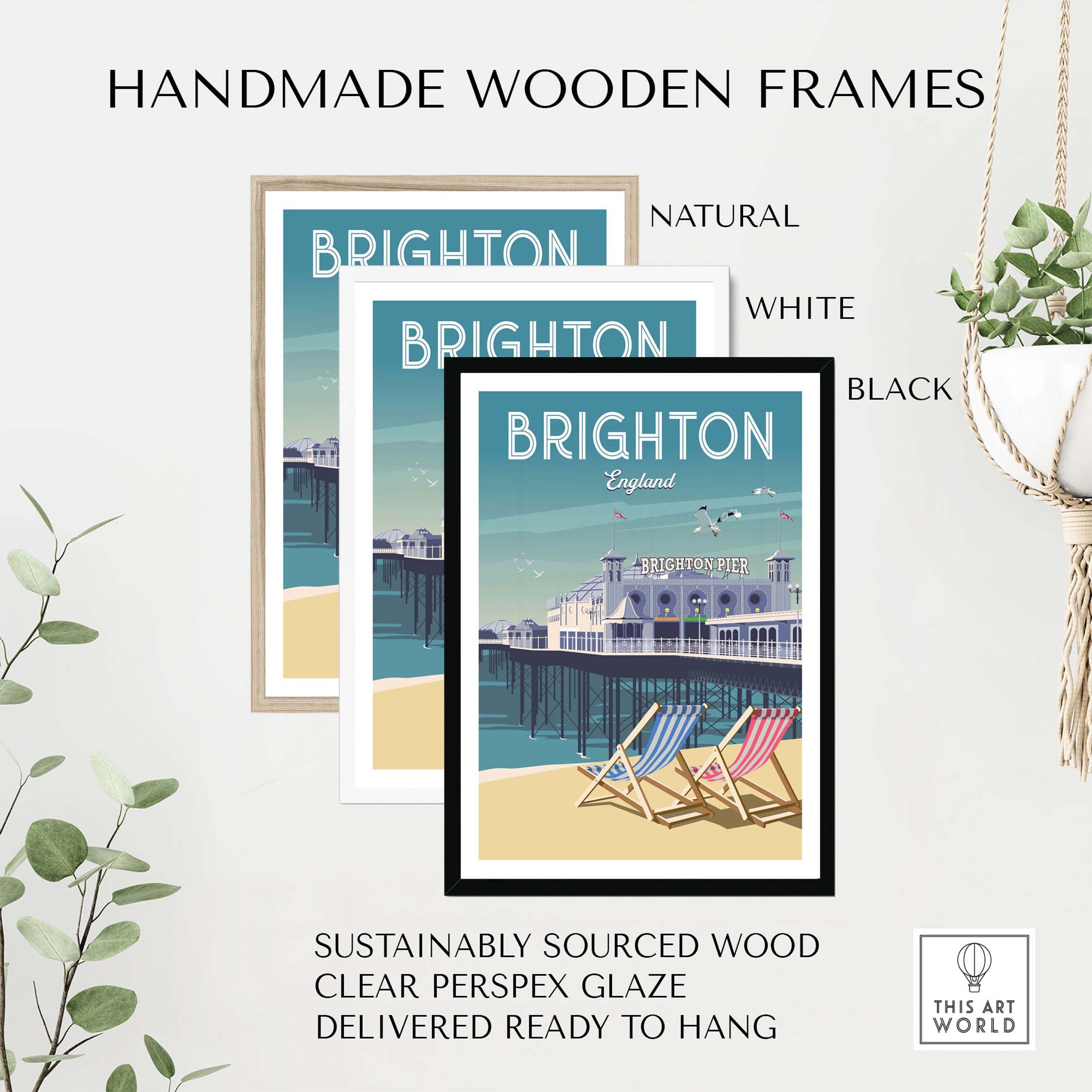 Brighton wall art print in handmade wooden frames: natural, white, and black options, showcasing seaside charm.