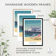 Handmade wooden frames in natural, white, and black for Brighton Print. Sustainably sourced, ready to hang.