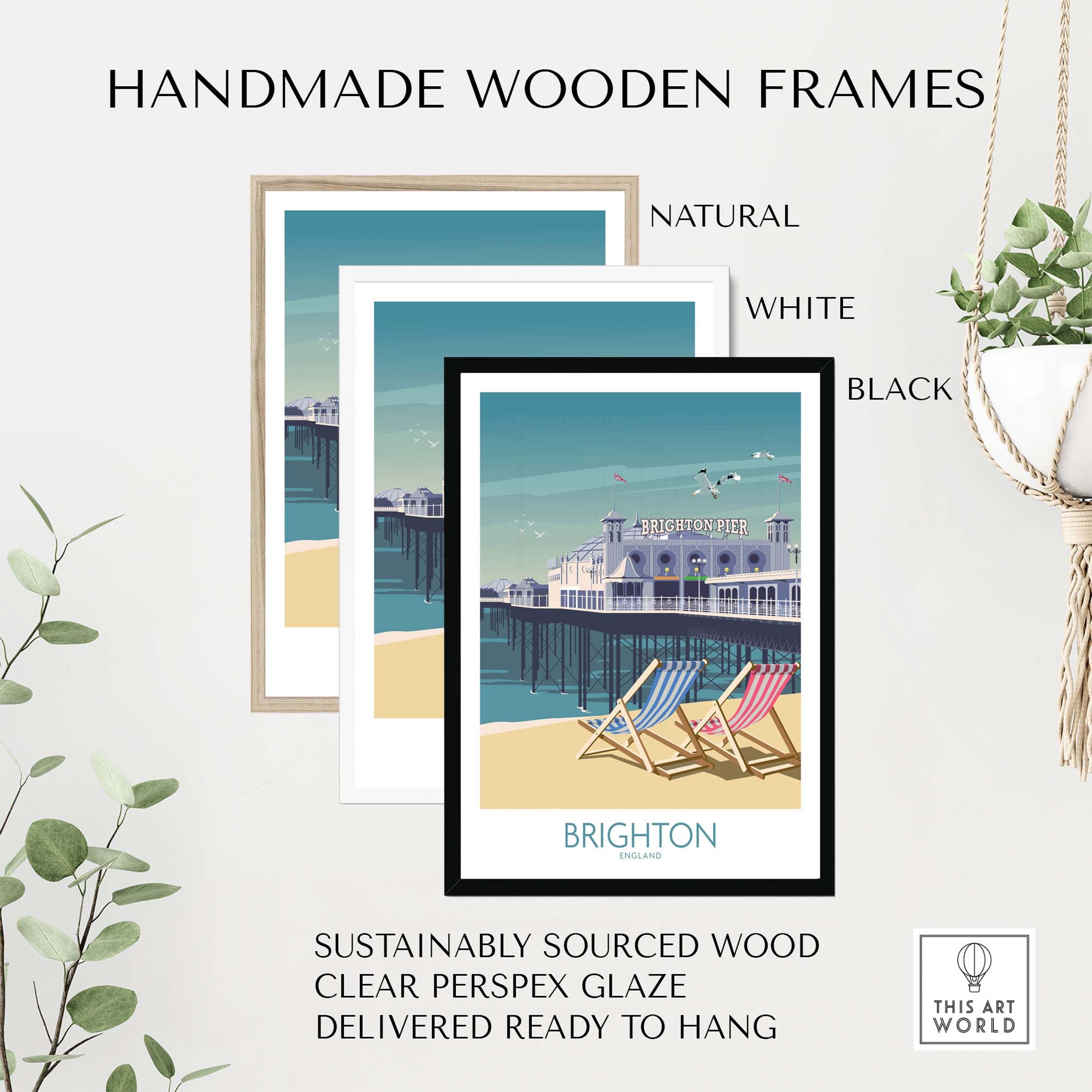 Handmade wooden frames in natural, white, and black for Brighton Print. Sustainably sourced, ready to hang.