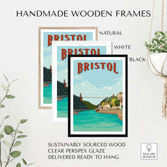 Handmade wooden frames for Bristol vintage print poster in natural, white, and black colors.