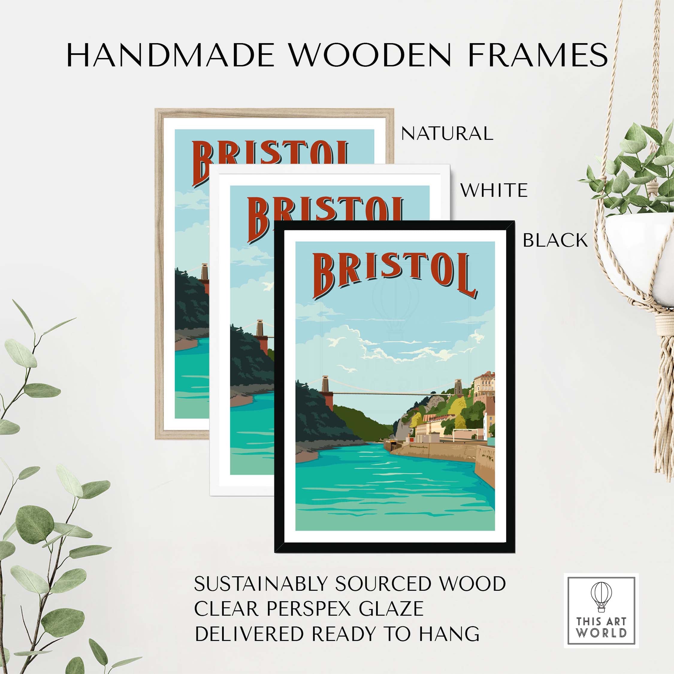 Handmade wooden frames for Bristol vintage print poster in natural, white, and black colors.