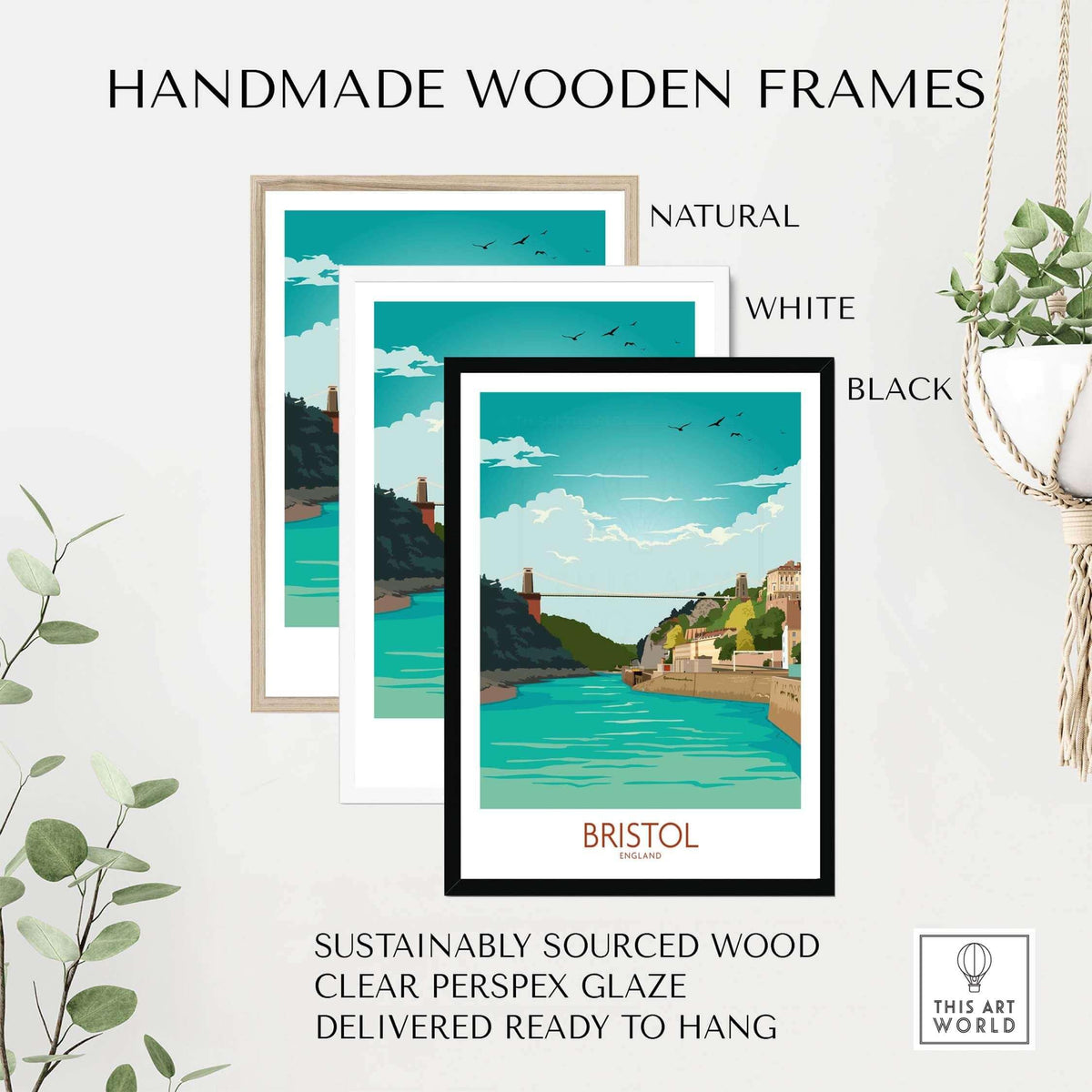 Bristol Poster framed in handmade wooden frames in natural, white, and black colors, ready to hang for stylish home decor.