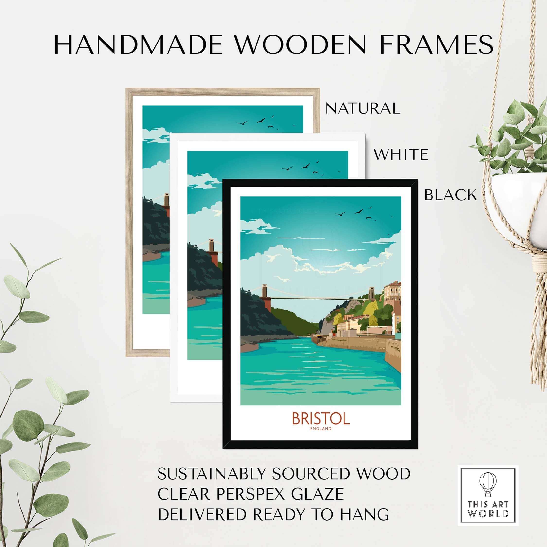 Bristol Poster framed in handmade wooden frames in natural, white, and black colors, ready to hang for stylish home decor.