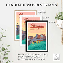 Bruges vintage print poster with handmade wooden frames in natural, white, and black options displayed artistically.