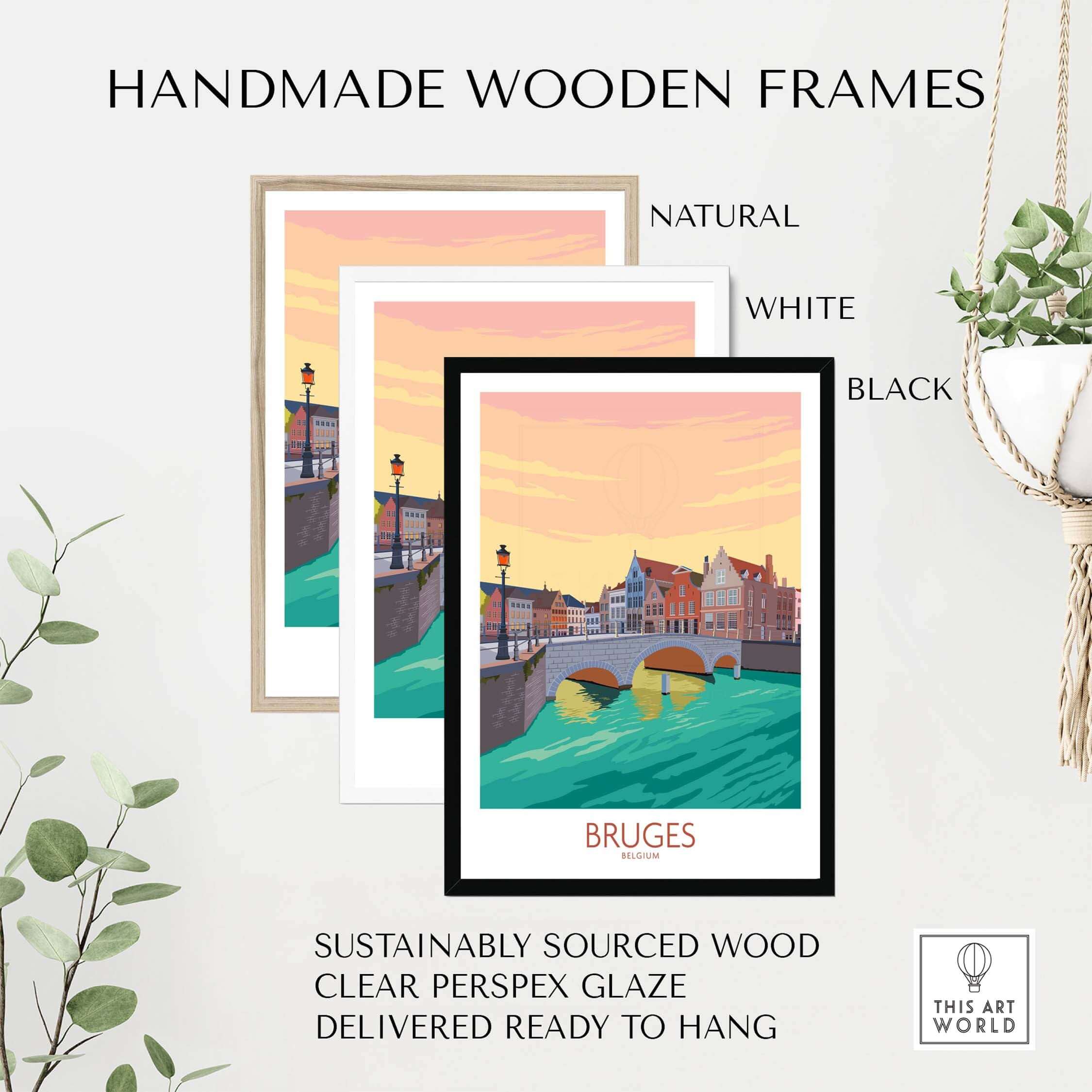 Bruges Belgium Poster displayed in natural, white, and black handmade wooden frames featuring a vibrant sunset.
