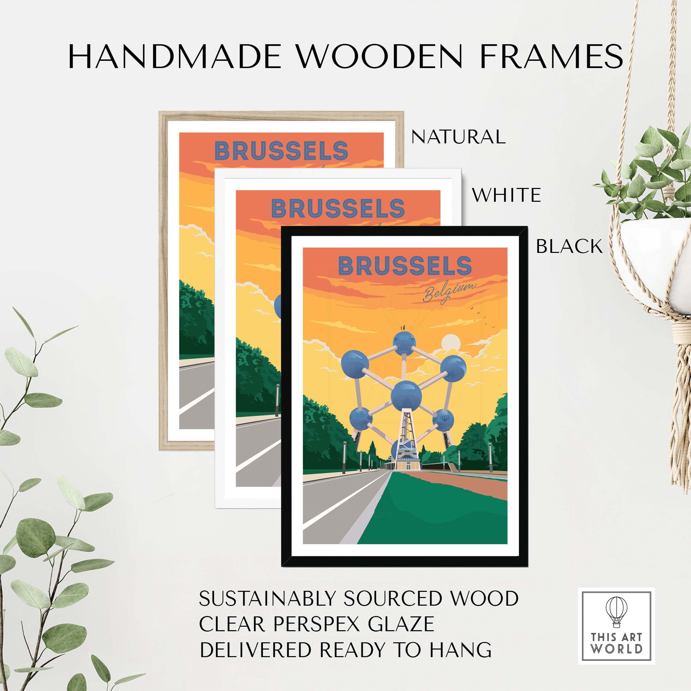 Handmade wooden frames in natural, white, and black for Brussels travel poster, sustainably sourced wood.