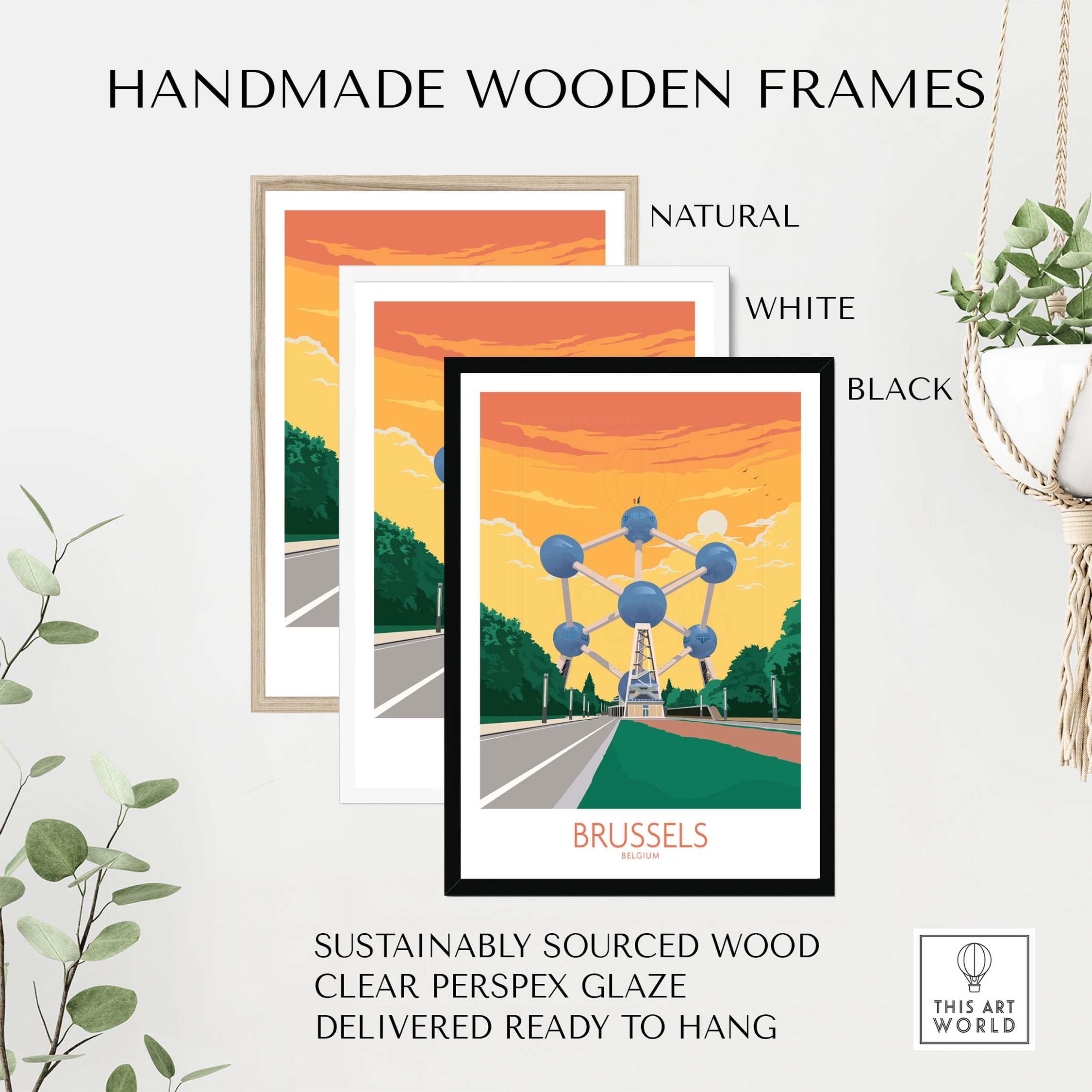 Handmade wooden frames in natural, white, and black for Brussels travel poster, sustainably sourced and ready to hang.