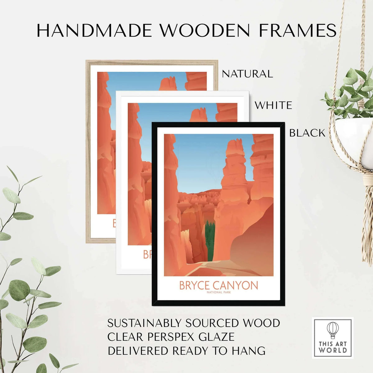 Handmade wooden frames for Bryce Canyon National Park Art Print in natural, white, and black finishes.