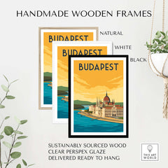 Handmade wooden frames in natural, white, and black for Budapest Print Poster Wall Art, sustainably sourced and ready to hang.