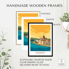 Budapest poster with handmade wooden frames in natural, white, and black options, showcasing vibrant travel art.