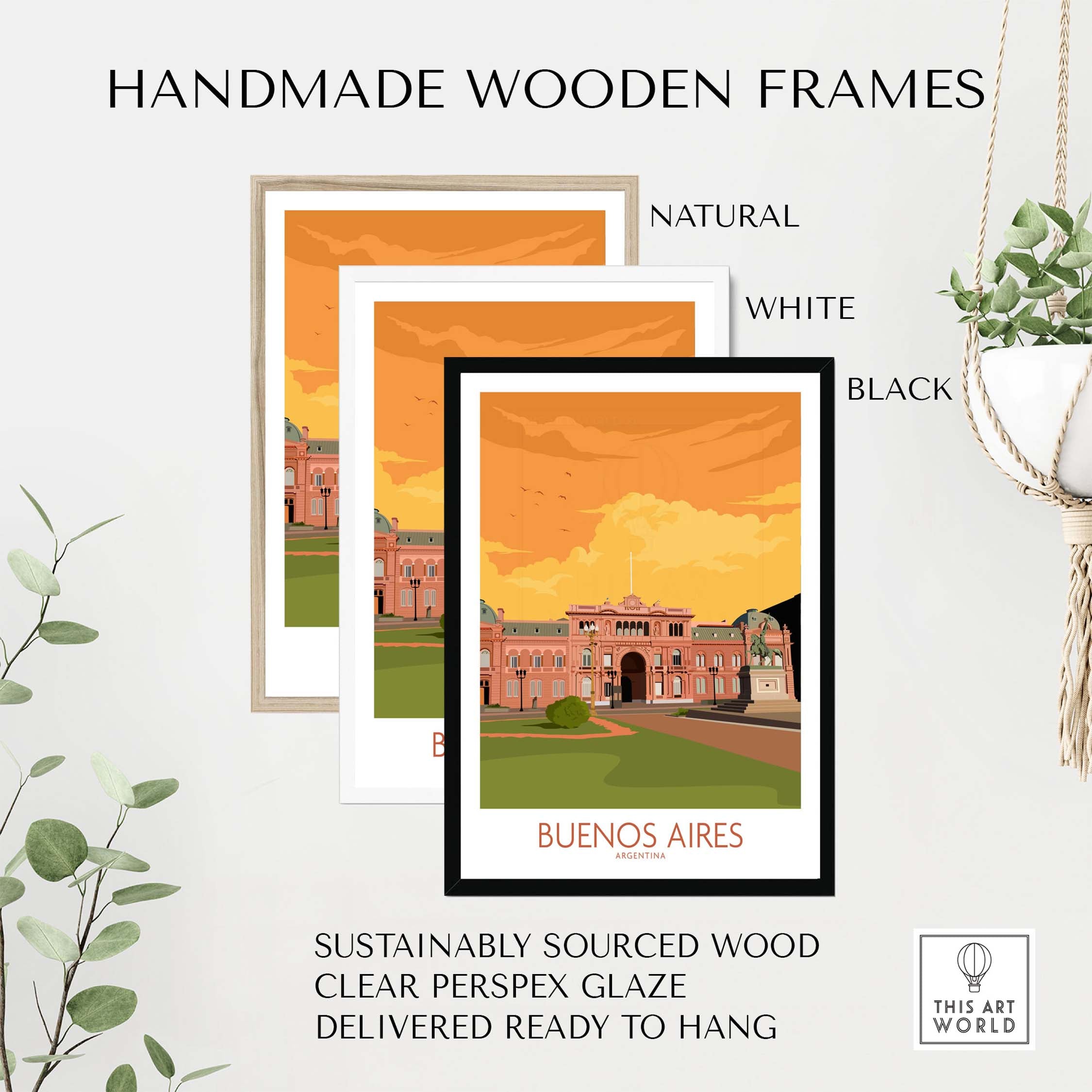 Handmade wooden frames in natural, white, and black for Buenos Aires poster, sustainably sourced and ready to hang.