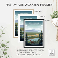 Cairngorms National Park poster in handmade wooden frames: natural, white, and black options, sustainably sourced wood.