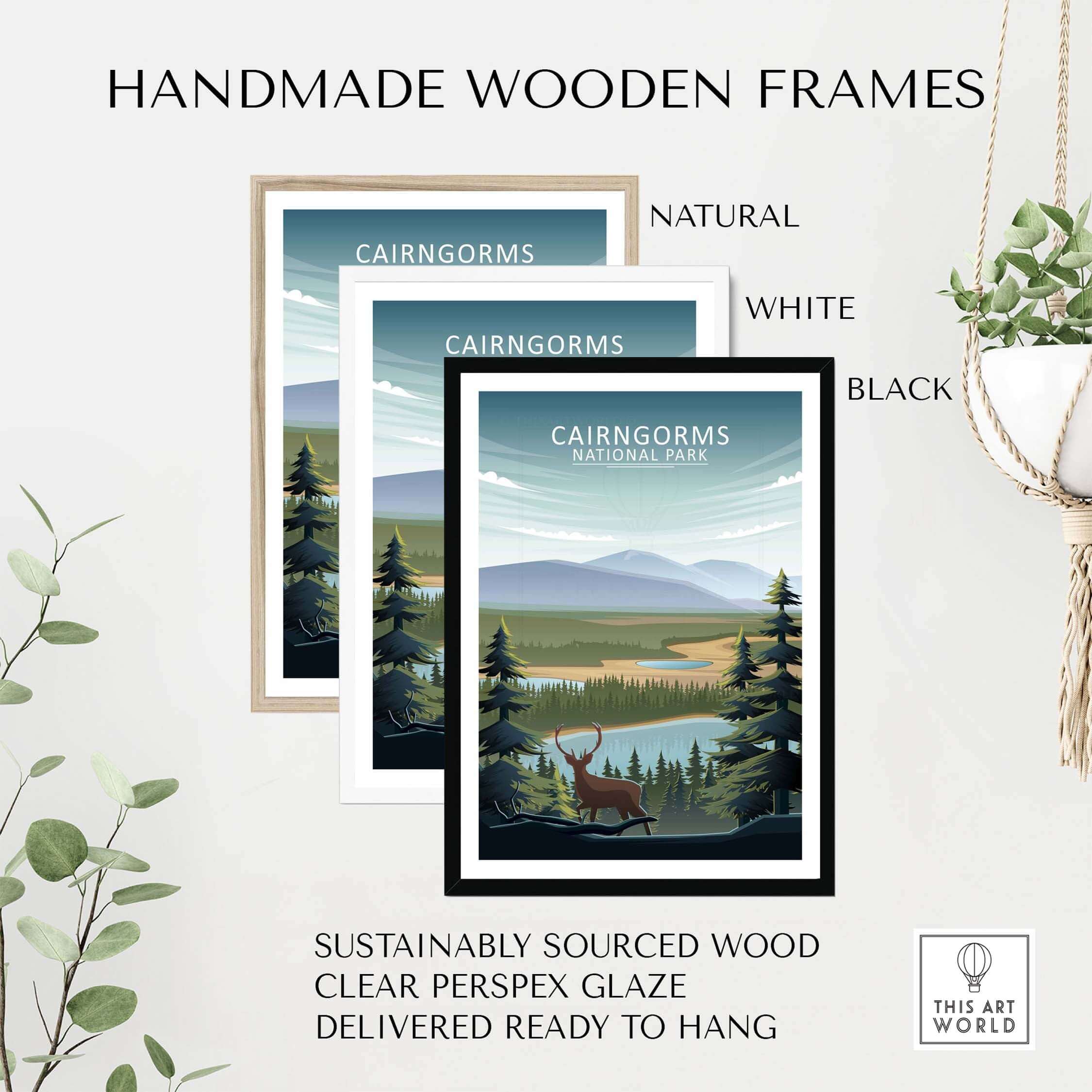 Cairngorms National Park poster in handmade wooden frames: natural, white, and black options, sustainably sourced wood.