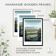 Handmade wooden frames in natural, white, and black styles for Cairngorms National Park art prints.