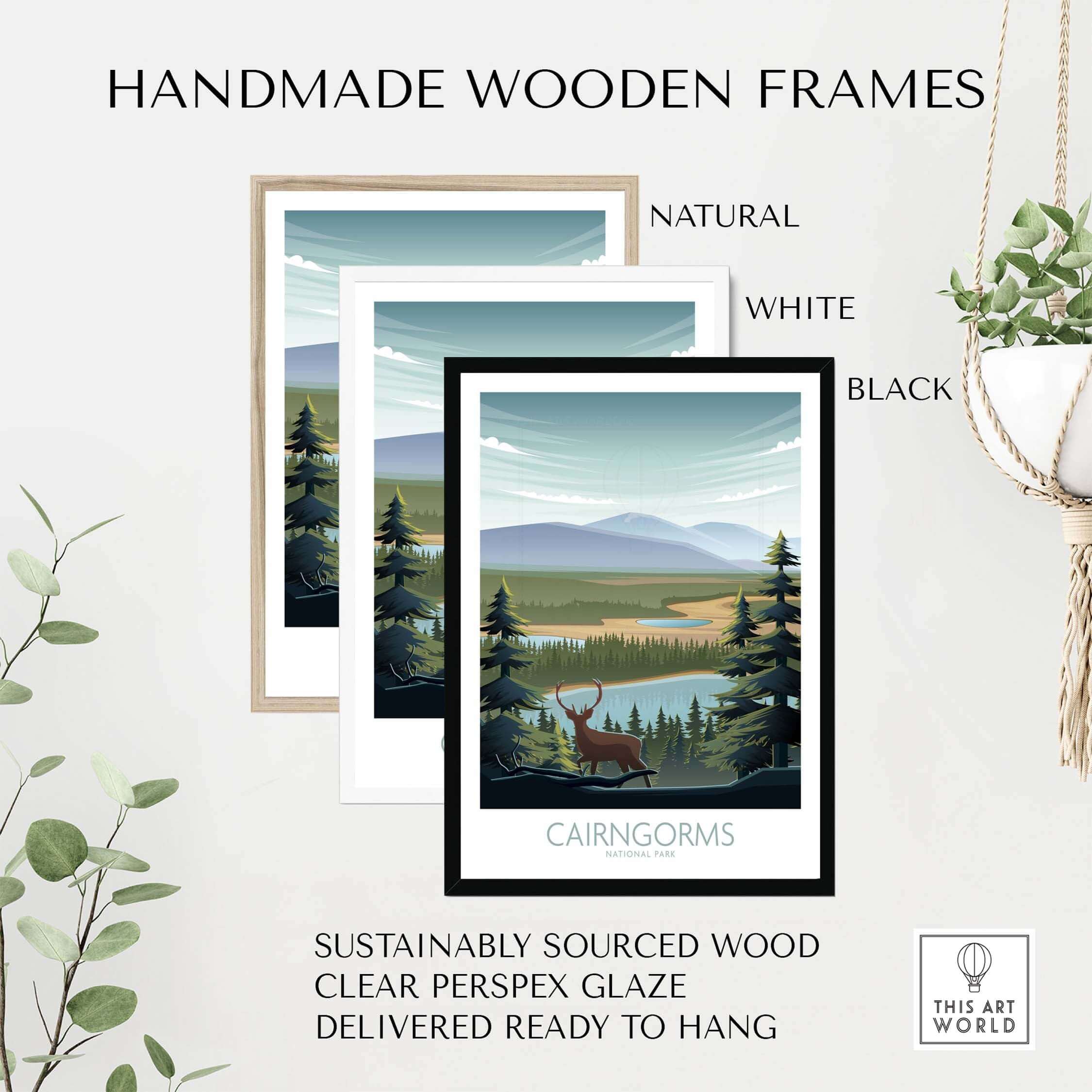 Handmade wooden frames in natural, white, and black styles for Cairngorms National Park art prints.
