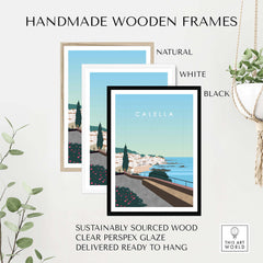 Handmade wooden frames in natural, white, and black finishes for Calella Spain Print Poster, sustainably sourced and ready to hang.