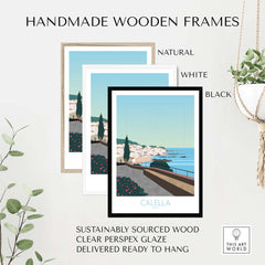 Handmade wooden frames in natural, white, and black for Costa Brava Calella Spain poster, sustainably sourced wood.