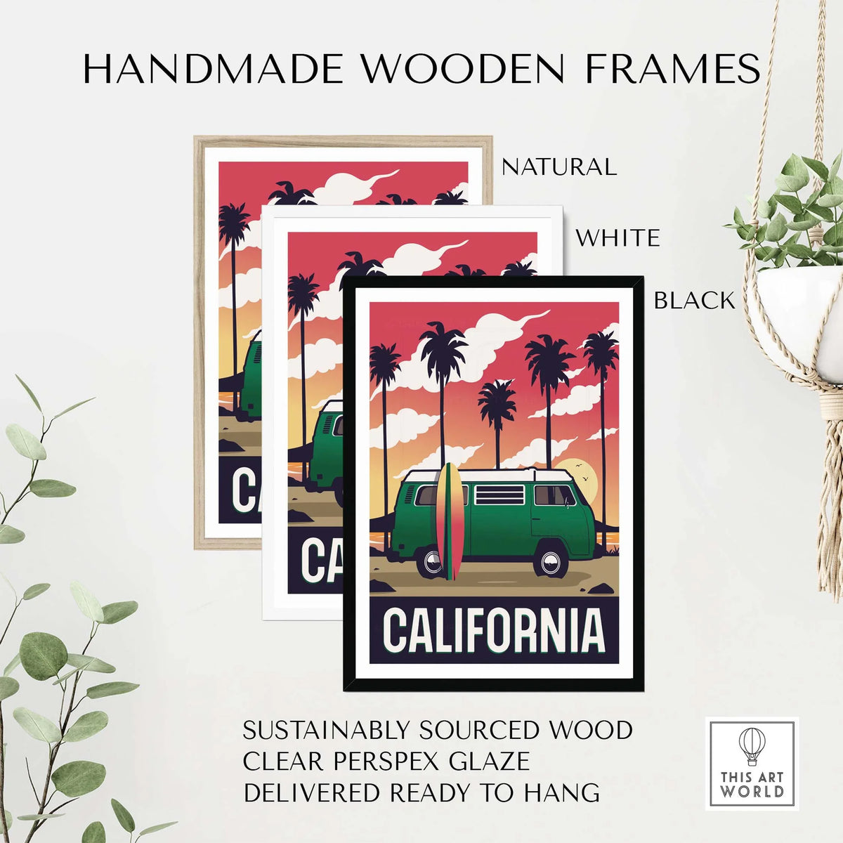 Handmade wooden frames for California wall art in natural, white, and black finishes, sustainably sourced and ready to hang.