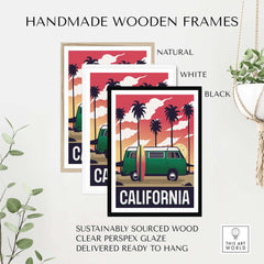 Handmade wooden frames for California wall art in natural, white, and black finishes, sustainably sourced and ready to hang.