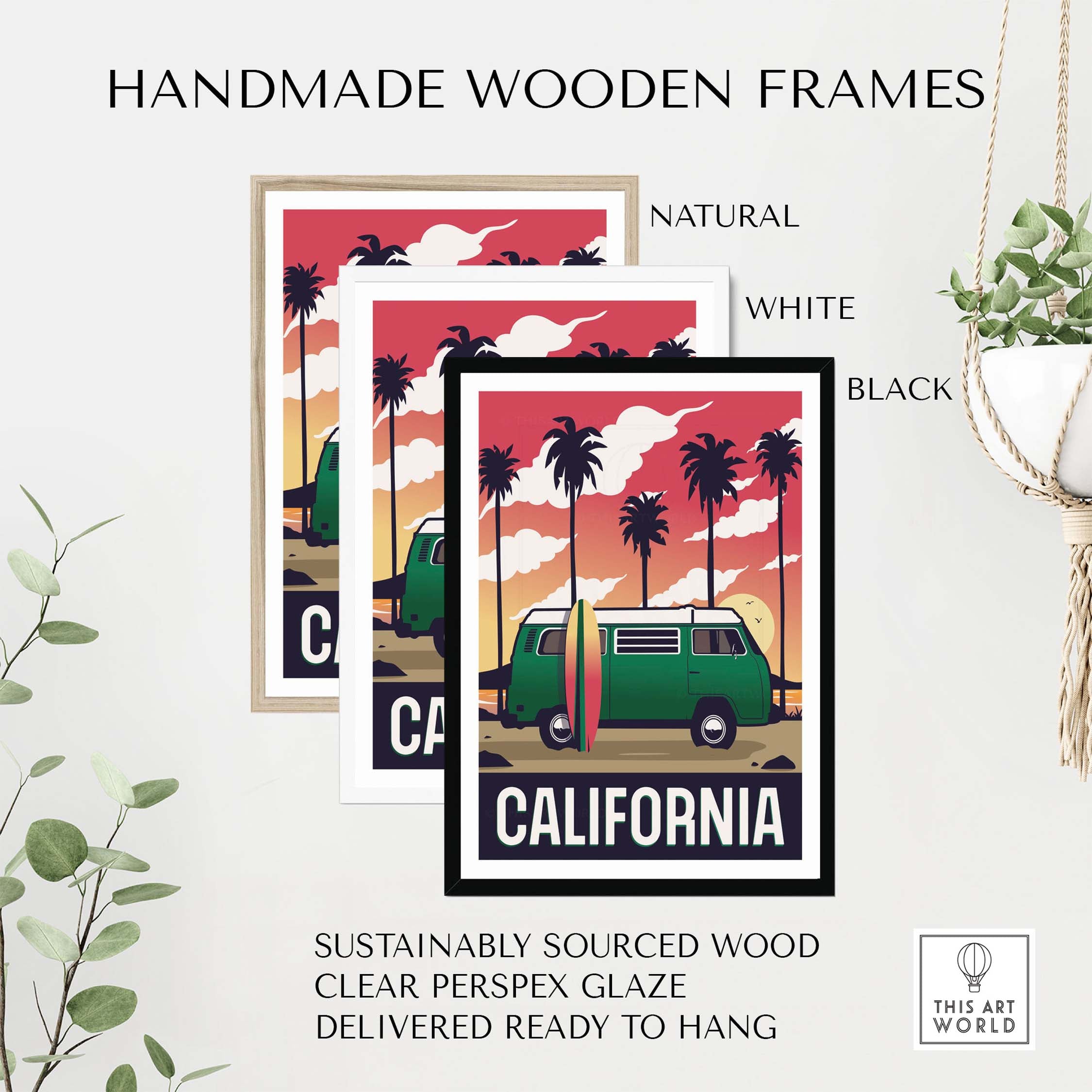 Handmade wooden frames for California wall art in natural, white, and black finishes, sustainably sourced and ready to hang.