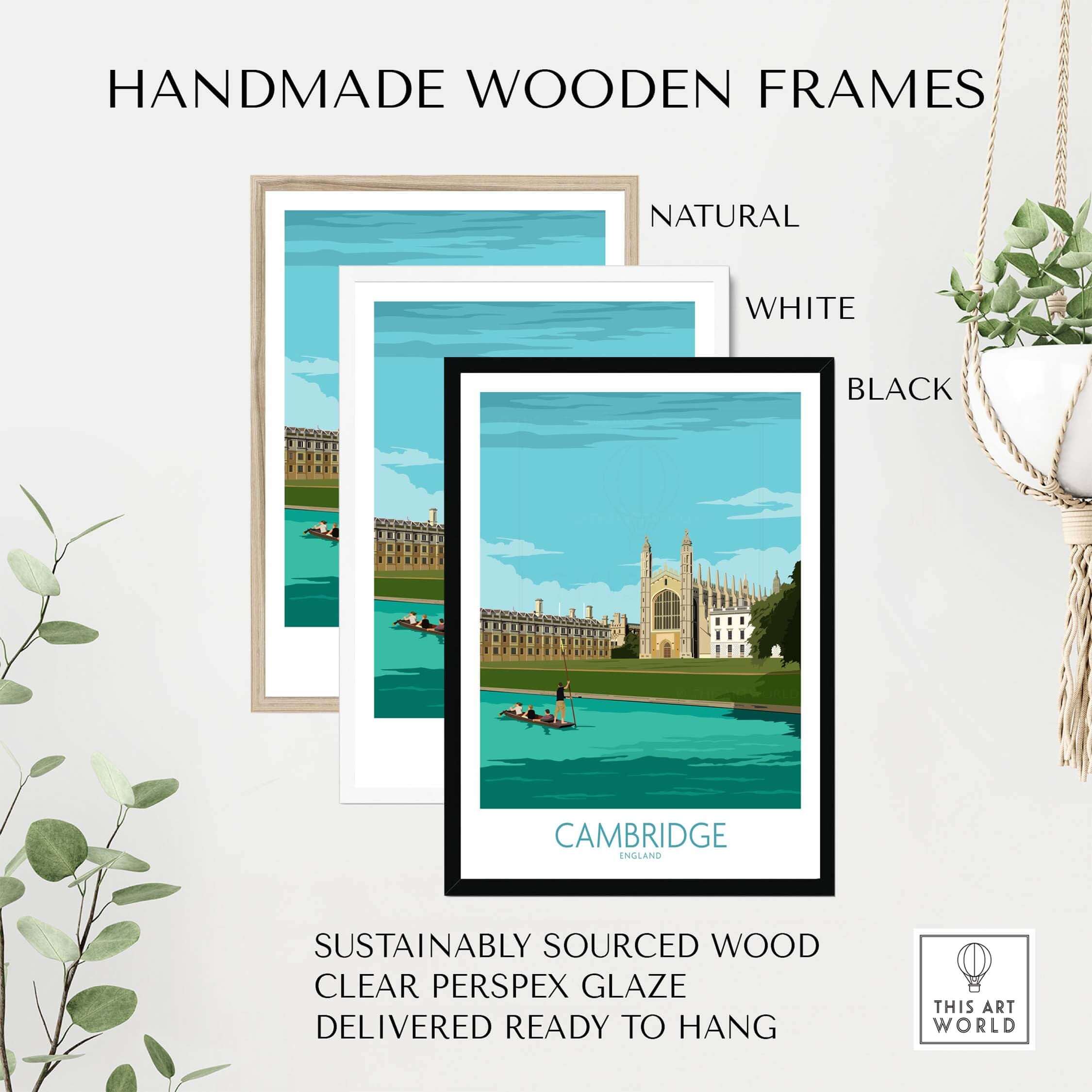 Cambridge artwork with handmade wooden frames in natural, white, and black colors, sustainably sourced and ready to hang.