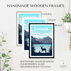 Canada poster wall art prints in handmade wooden frames: natural, white, and black options. Sustainably sourced materials.