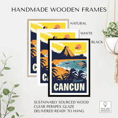 Handmade wooden frames for Cancun poster wall art in natural, white, and black, featuring sustainable materials.