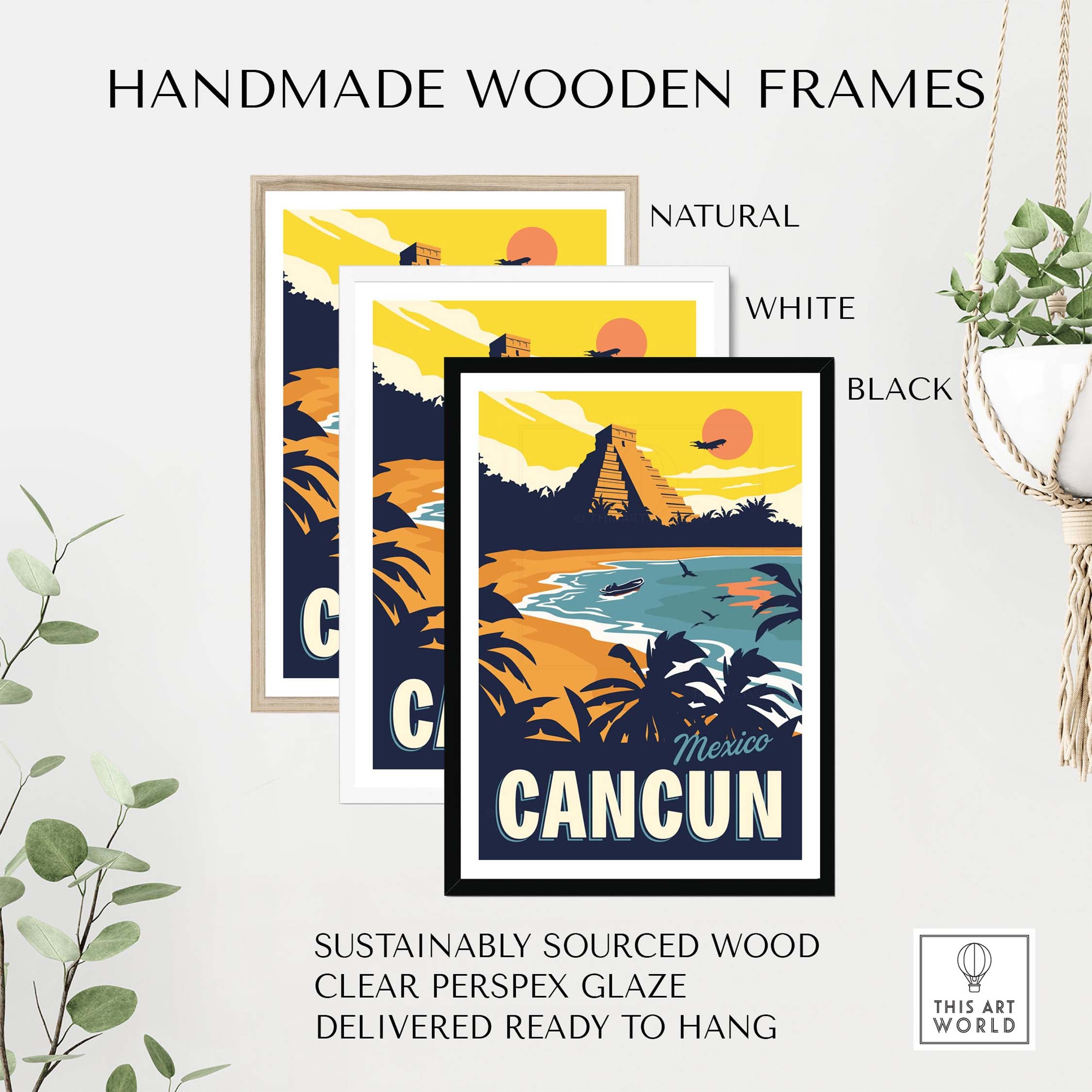 Handmade wooden frames for Cancun poster wall art in natural, white, and black, featuring sustainable materials.